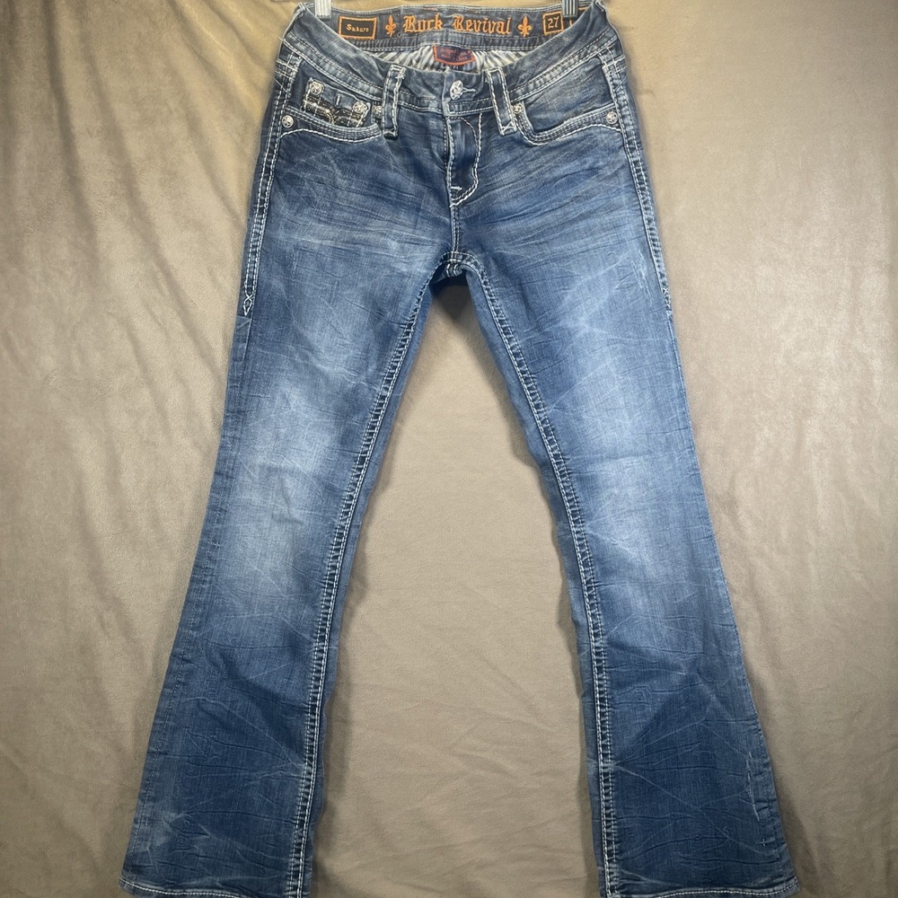 Rock Revival Jeans 27 Sukara Boot Cut Distressed Flap Pockets Stretch Denim J02